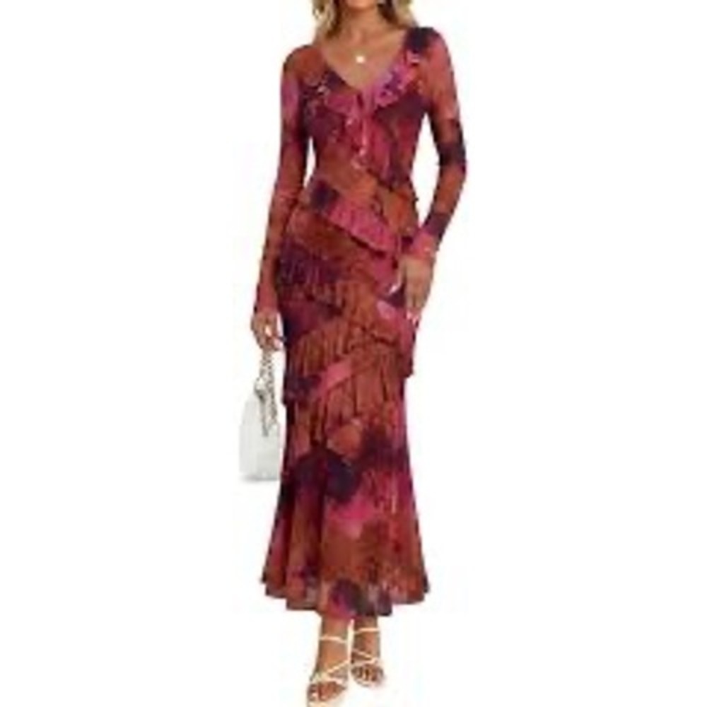 Zesica XL Dark Floral Mesh Ruffle Midi Dress V-Neck Tiered Romantic dark fairy